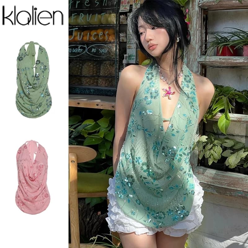 Klalien Áo Vest SequinSexy Cho Nữ, Thiết Kế Trendy Với Chi Tiết Cut-Out và Dây Quai Phía Sau