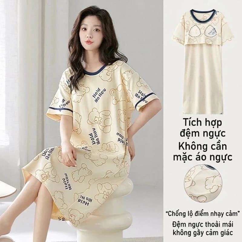 Váy Ngủ Đồ Ngủ Nữ Có Miếng Lót Ngực Mỏng Thoáng Mát Đồ Ở Nhà Mặc Ngoài Tay Ngắn  Dễ Thương Size Lớn