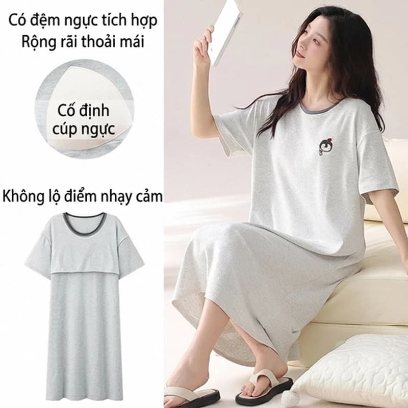 Đồ ngủ nữ🌸Váy ngủ🌸100%  cotton có mút ngực Mùa đồ ngủ dài Hè Thoáng Mát Hàn quốc Dễ thương cộc tay