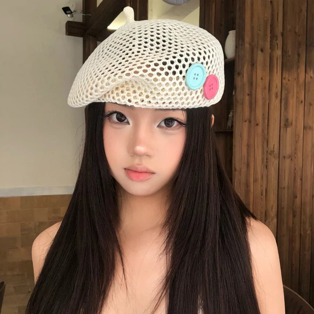 Phiên Bản Hàn Quốc Niche Rỗng Beret Nữ Mùa Hè Mỏng Phong Cách Thoáng Khí Họa Sĩ Mũ Nhỏ Nhiều Màu Sắc Nút Trang Trí Nón