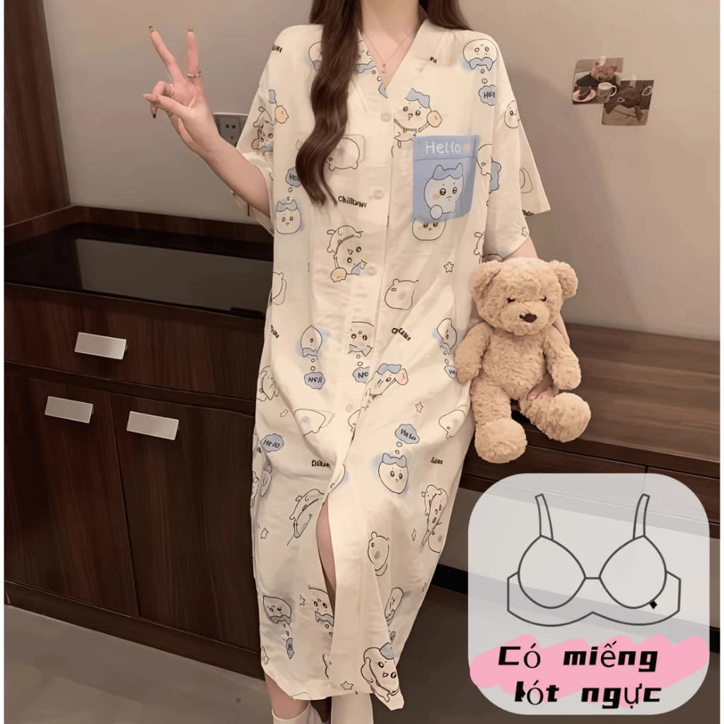 Váy ngủ dáng dài cổ chữ V form rộng, chất liệu bông mây cao cấp có hàng khuy - Phong cách tối giản sang trọng