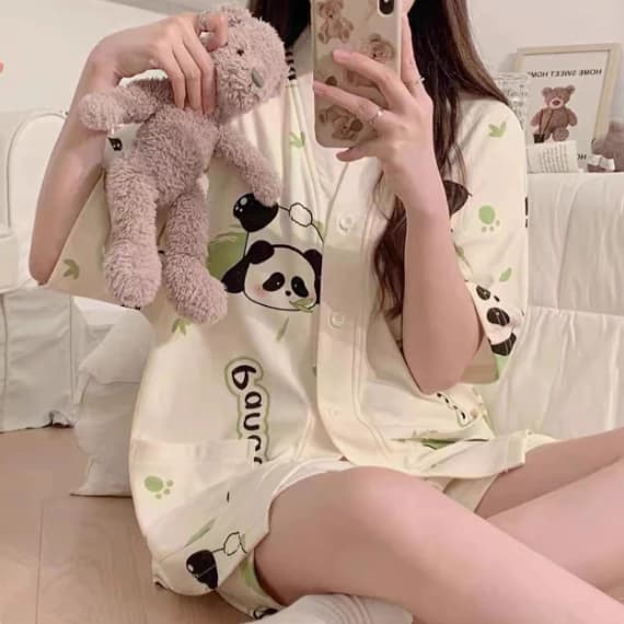 Bộ đồ ngủ nữ phong cách Hàn Quốc mới xuân hè 2026: Áo cardigan tay ngắn + quần đùi cotton mát【mặc nhà hay dạo phố đều đẹp】
