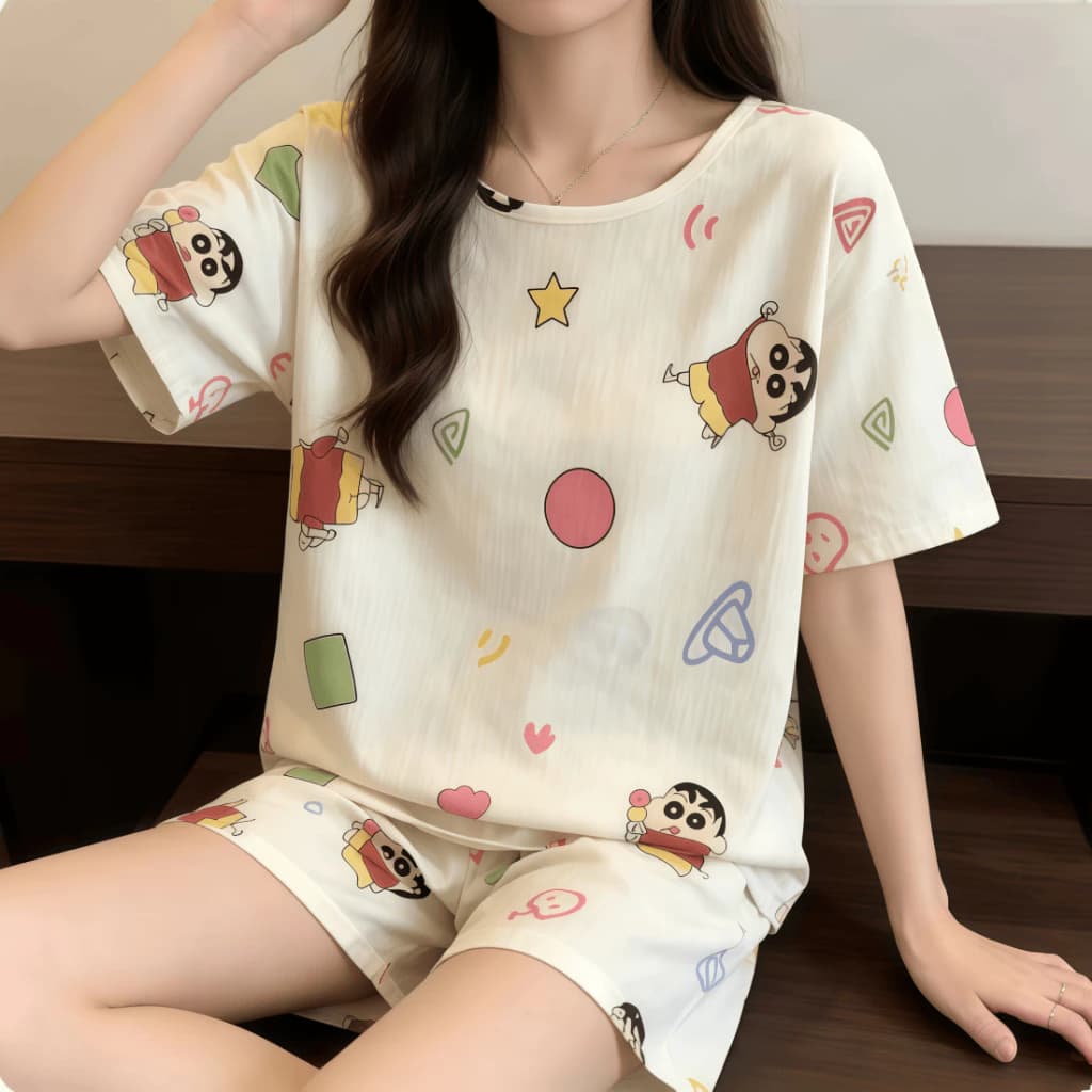 【Bông 100%】Bộ đồ ngủ mùa hè mỏng nhẹ – Cổ tròn rộng rãi thoải mái – Áo tay ngắn + quần short – Giá tốt – Đồ mặc nhà / đồ ngủ nữ