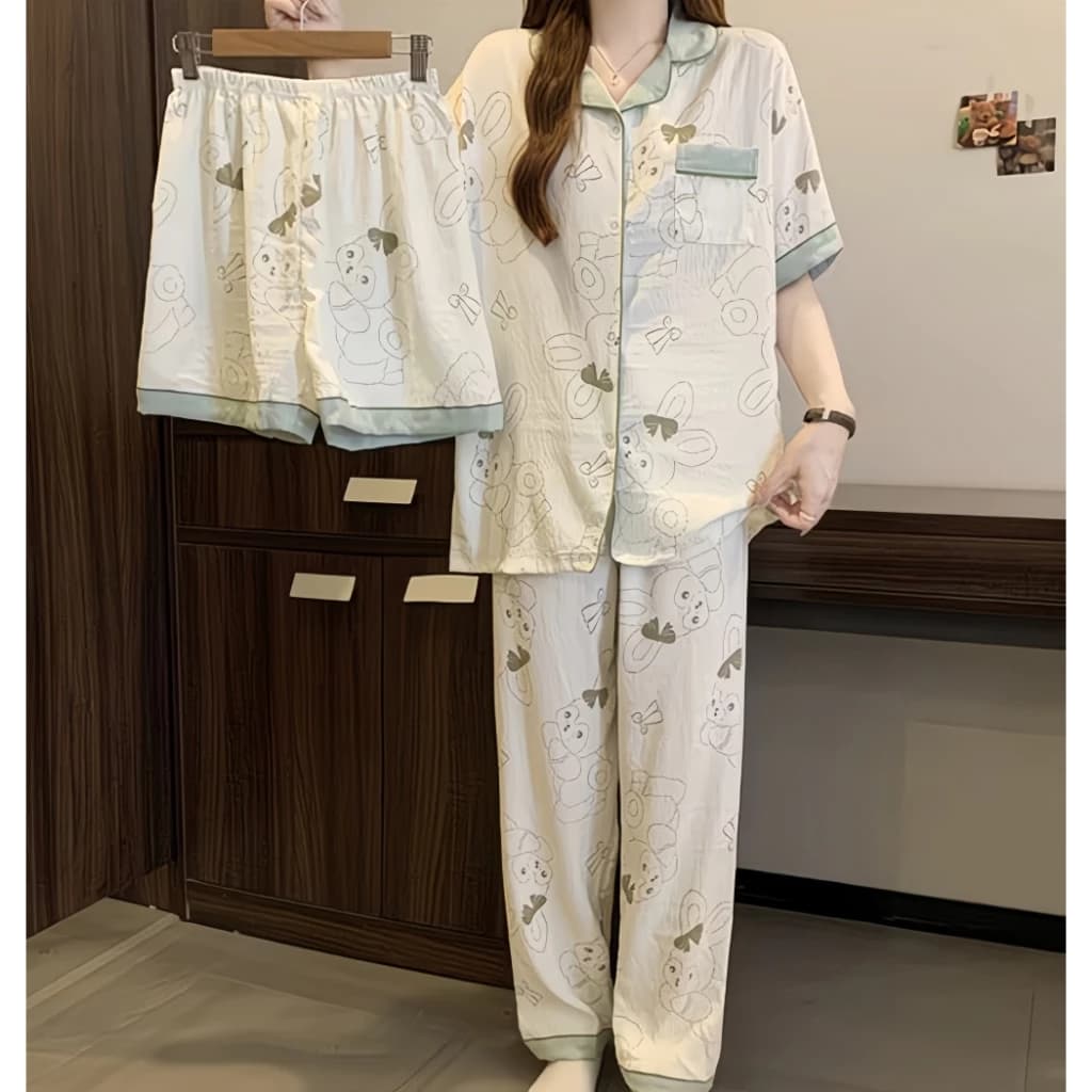 Bộ đồ ngủ 3 mảnh xuân hè 2026, cotton mây mềm xốp, dễ thương Hàn, áo thun sọc + quần short + dài, mặc nhà hay phố, mát không bí