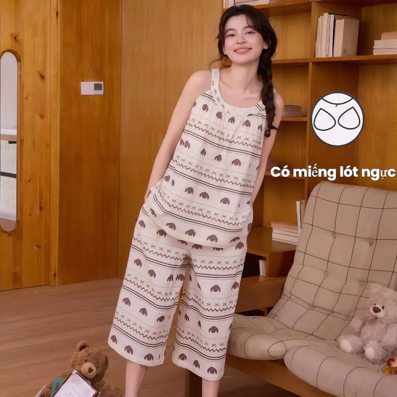Bộ đồ ngủ mùa hè 2026, áo dây treo có ngực + quần 7 phần ống rộng, cotton modal mềm mượt, dáng rộng phù hợp người mập, màu hồng phấn - xanh mint dễ thương, dây to bản không trượt, mặc nhà mát mịn thoải mái