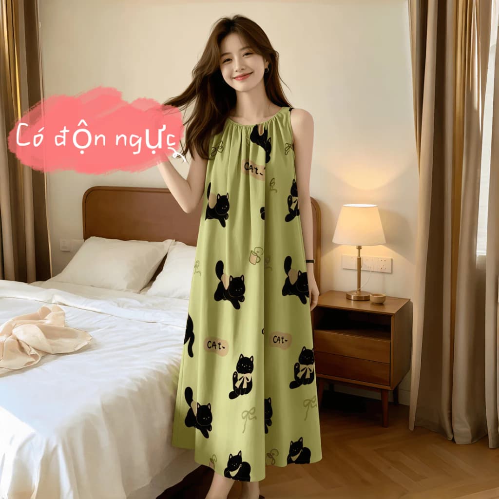 【Có độn ngực】Đầm ngủ nữ mới xuân hè 2026: Dáng không tay đơn giản thanh lịch, chất cotton mềm mại thoáng mát, thiết kế rộng rãi thoải mái【mặc nhà hay đi chơi đều đẹp】