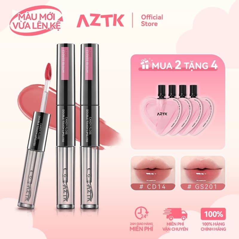 AZTK Son Kem 2 Đầu Lì Bóng 2 Trong 1 Mềm Môi Lâu Trôi Không Khô Môi 1.7g