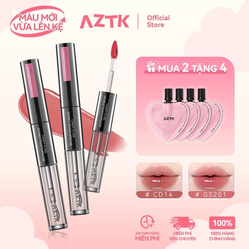 AZTK Son Kem 2 Đầu Lì Bóng 2 Trong 1 Mềm Môi Lâu Trôi Không Khô Môi 1.7g