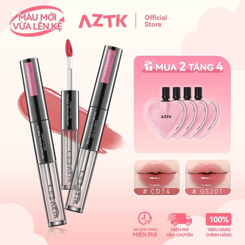 AZTK Son Kem 2 Đầu Lì Bóng 2 Trong 1 Mềm Môi Lâu Trôi Không Khô Môi 1.7g