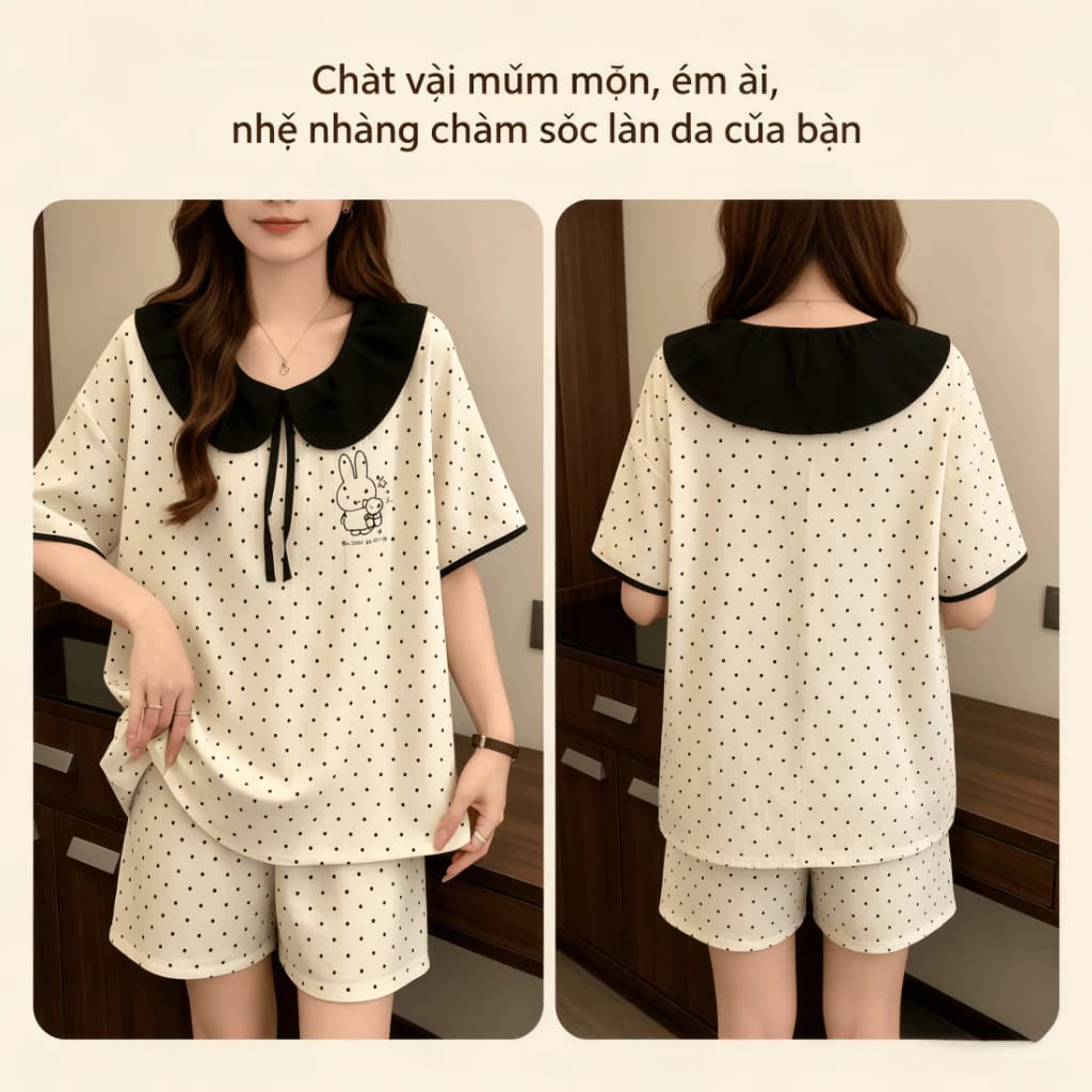 【Cổ bẻ dễ thương】Bộ đồ ngủ nữ dễ thương mới xuân hè 2026: Áo cổ bẻ in chấm bi + hình thỏ con xinh xắn, cotton mát dáng rộng【mặc nhà hay dạo phố đều đẹp】