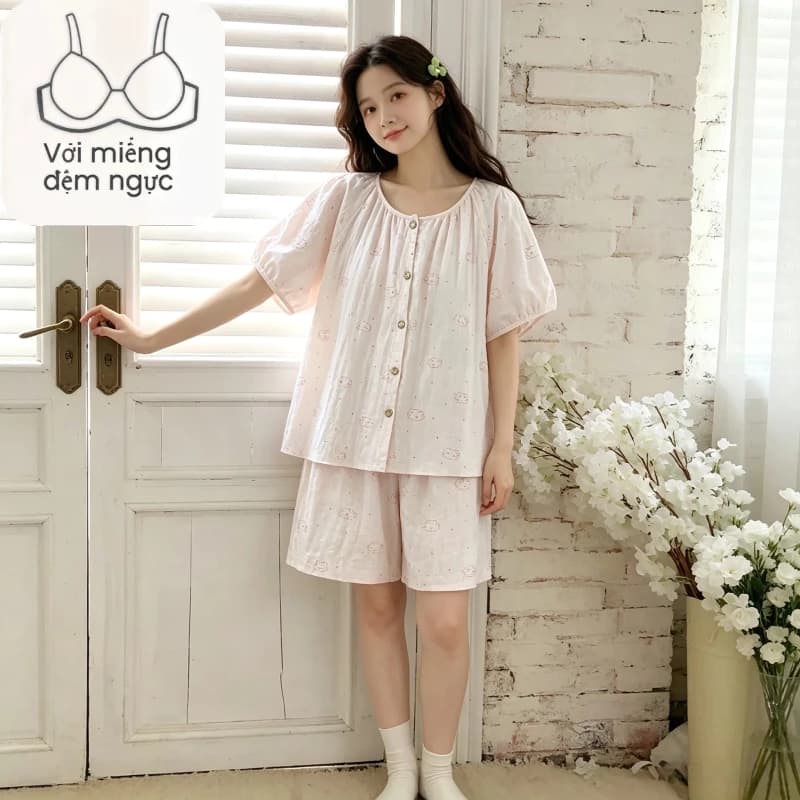 Bộ đồ ngủ mùa hè 2026, áo thun tay ngắn + quần đùi, cotton mây mềm mịn dễ thương, có áo ngực tích hợp, chất mỏng nhẹ mát, dáng rộng thoải mái, mặc nhà mát cả ngày