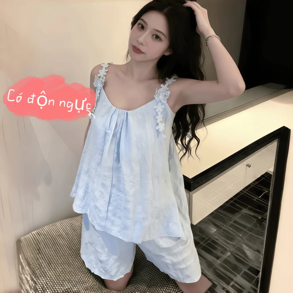 【Có độn ngực】Bộ đồ ngủ nữ mới xuân hè 2026: Áo ba lơ dây quai in họa tiết hoa dễ thương, chất cotton mềm mại mỏng nhẹ, dáng rộng thoải mái phong cách công chúa【mặc nhà hay đi chơi đều xinh】