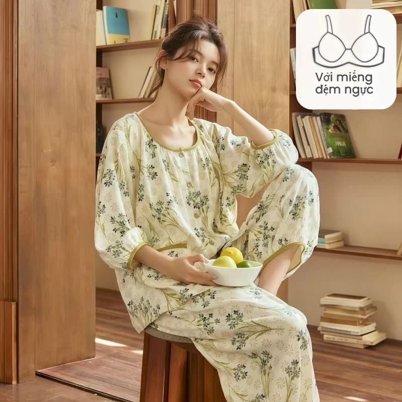 Bộ đồ ngủ mùa hè 2026, áo thun tay ngắn mỏng + quần 7 phần, cotton mây mềm mịn dễ thương, có áo ngực tích hợp cố định, mặc nhà hay phố đều xinh, vải mát không bí