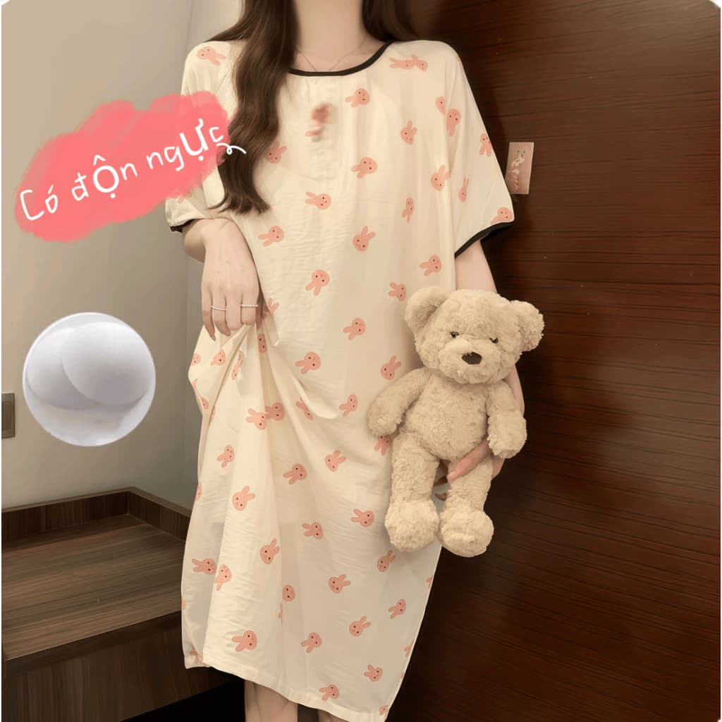 【Có độn ngực】Đầm ngủ nữ dáng dài dễ thương mới hè 2026: Áo ngủ cotton mát cổ tròn tay ngắn, in hình hoạt hình ngọt ngào xinh xắn【mặc nhà hay dạo phố đều đẹp】