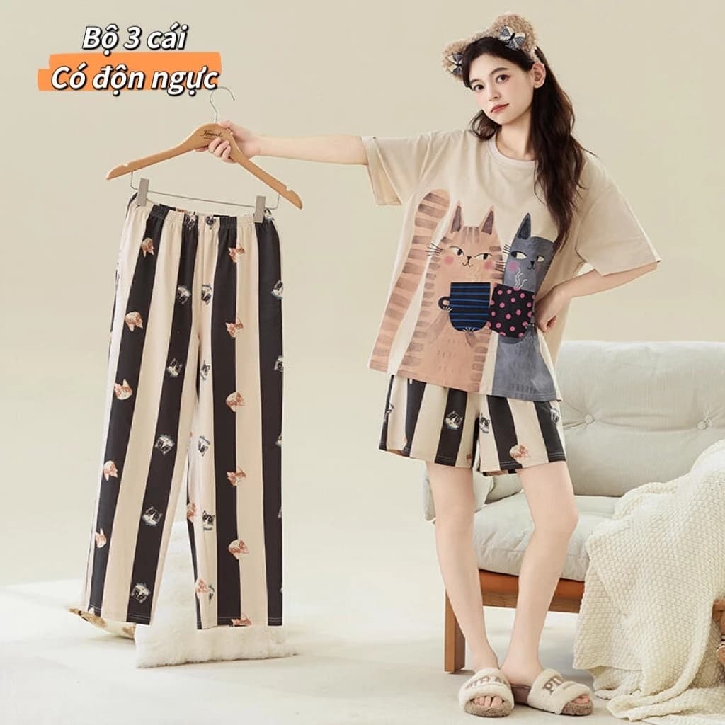 Bộ 3 món đồ ngủ mùa hè cotton nguyên chất - Có độn ngực - Gồm áo ngắn tay + quần đùi + quần dài - Đồ ngủ tại nhà thoải mái - Mẫu mới nhất 2026 - Hot trend - Free ship ✅ Giao hàng trong ngày