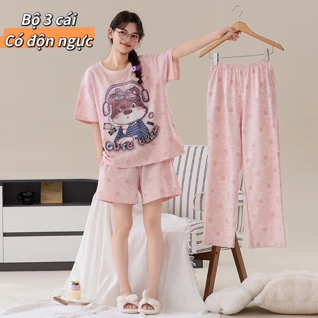Bộ 3 món đồ ngủ mùa hè - Có độn ngực - Gồm áo ngắn tay + quần đùi + quần dài - Chất vải mỏng nhẹ, mặc được quanh năm - Đồ ngủ tại nhà thoải mái - Mẫu hot bán chạy - Free ship ✅ Giao hàng trong ngày