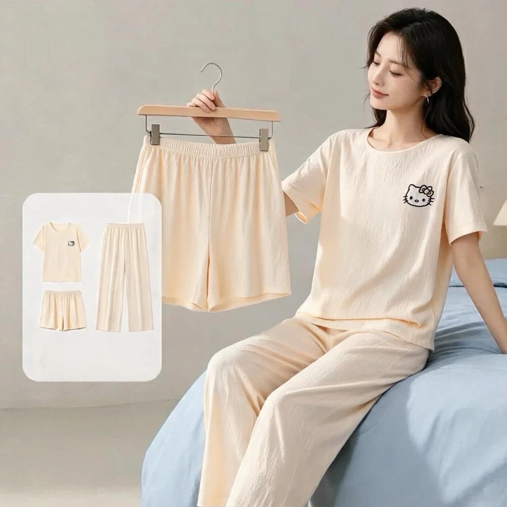 Bộ 3 món đồ ngủ mùa hè cotton nguyên chất - Áo ngắn tay + quần đùi + quần dài - Chất vải mềm mại, thoáng mát, thấm hút mồ hôi, nhanh khô - Đồ ngủ tại nhà thoải mái - Mẫu hot bán chạy - Free ship ✅ Giao hàng trong ngày
