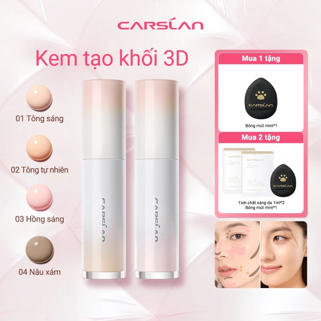 Kem tạo khối 3D Carslan che khuyết điểm bắt sáng tạo khối bám da không xuống tông ẩm mịn không khô da 24H 5g