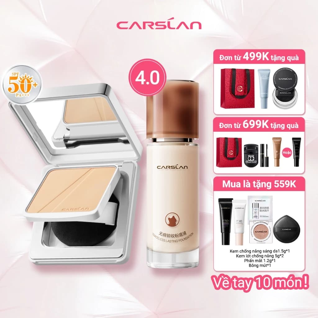 【Combo】Carslan Phấn nén White Magnet Chống nắng lâu dài SPF 50 + PA + + + 9g + Kem nền lâu dài 4.0 Carslan 30g