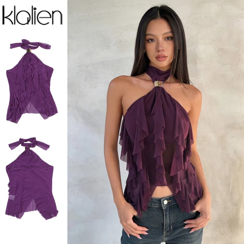 Klalian Croptop Phong Cách Vintage Màu Tím Có Họa Tiết Xù và Dây Cổ Bất Đối Xứng