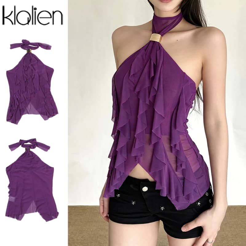 Klalien Phong Cách Vintage Crop Top Màu Tím Với Tấm Xù Dây Cổ Không Tay Và Viền Bất Đối Xứng