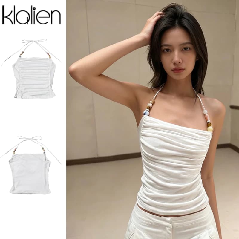 Klalien Slim Pleats Dây Áo Vest Hình Eo Nhìn Mỏng Hơn Chắc Chắn Thoáng Mát Nữ Mùa Hè Niche Hot Chick Phong Cách