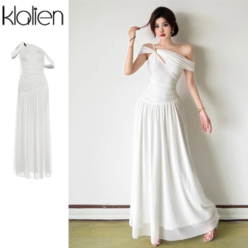 Klalien Off Vai Ruched Rỗng Ra Váy Maxi Skinny Look Slimer Nữ Mùa Hè Thanh Lịch Phong Cách Tiệc