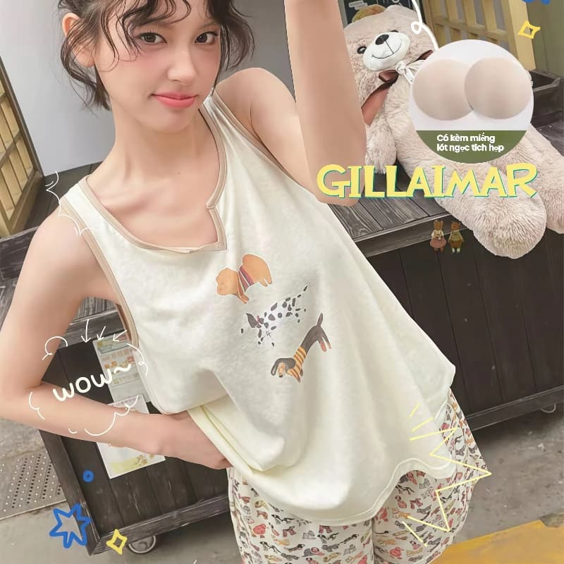 【Mẫu Mới Hè 2026】Bộ Đồ Ngủ Nữ 2 Mảnh Dây Có Đệm Ngực - Họa Tiết Hoạt Hình Dễ Thương, Phong Cách Lười Biếng, Chất Vải Mỏng Nhẹ - Form Rộng Thoải Mái Cho Nữ