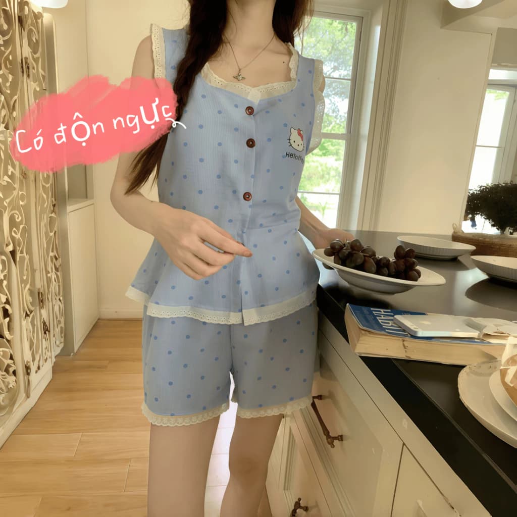 Bộ Đồ Ngủ Có Miếng Lót Ngực Nữ Mùa Hè Mây Cotton Họa Tiết Nơ Thắt Lưng Quần Short Áo Vest Ngoài Mặc Loungewear Phù Hợp Với