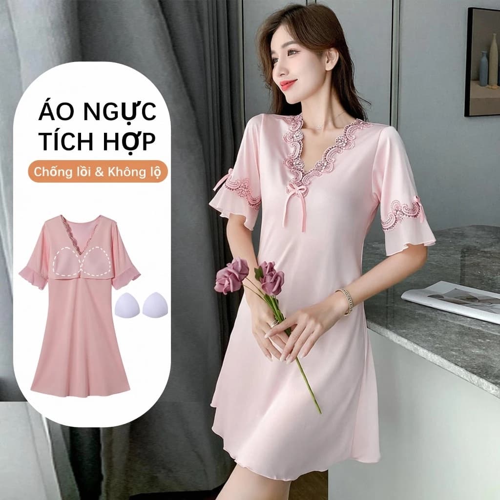 đồ ngủ bộ nữ 🌸Váy ngủ🌸Đồ ngủ nữ lụa satin có mút ngực Mùa Hè Thoáng Mát Hàn Quốc Dễ Thương ngọt ngào