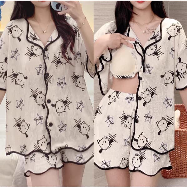 【có đệm ngực】Bộ đồ ngủ nữ mới xuân hè 2026: Áo cardigan + quần cotton mềm mại, in họa tiết ngọt ngào dễ thương, dáng rộng thoải mái【mặc nhà hay đi chơi đều xinh】