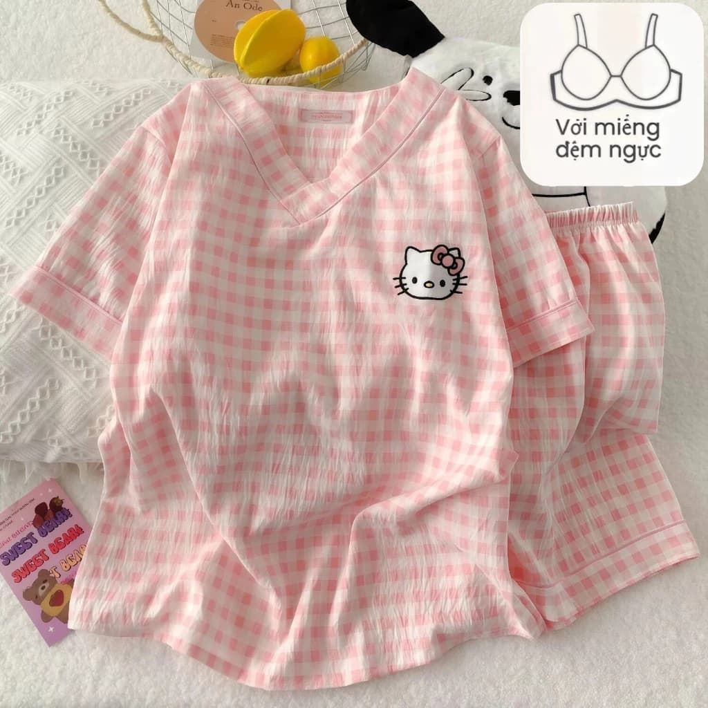 【Mã giảm giá-MI3PF738】Bộ Đồ Ngủ Nữ Chất Vải Mây (Cloud Cotton) Mùa Hè Có Đệm Ngực - Áo Thun & Quần Short Họa Tiết Hoạt Hình Dễ Thương, Form Rộng Thoải Mái, Mặc Nhà & Đi Chơi