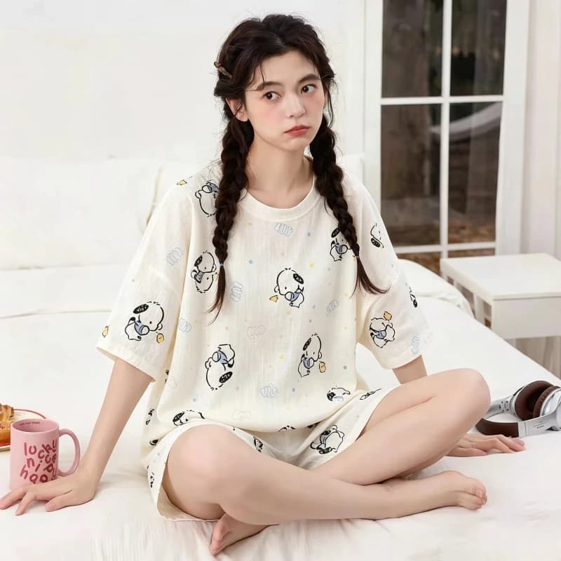 Bộ Đồ Ngủ Nữ Tay Ngắn Quần Short Cotton Mây Thoáng Mát - Phong Cách Hàn Quốc Dễ Thương, Họa Tiết Hoạt Hình, Cổ Tròn, Áo Luồn Đầu - Đồ Mặc Nhà Cho Nữ Sinh