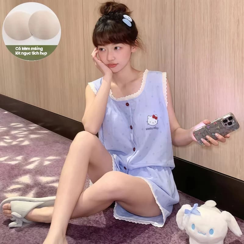 Bộ Đồ Ngủ Có Miếng Lót Ngực Nữ Mùa Hè Mây Cotton Họa Tiết Phong Cách Kỳ Nghỉ Quần Short Áo Vest Mặc Ngoài Homewear Phù Hợp Với