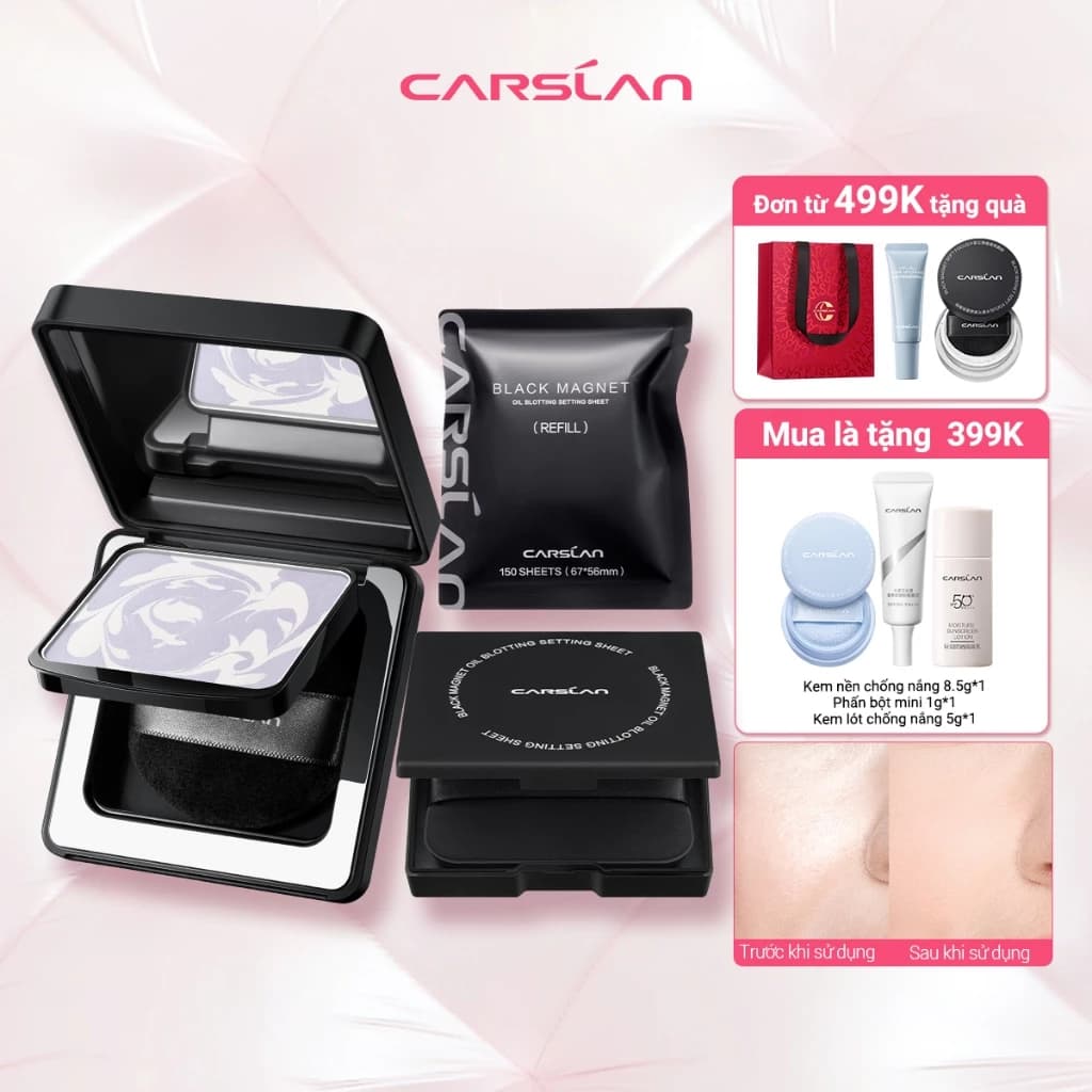 【Combo】Phấn nén Black Magnet  Carslan 8g + Carslan Black Magnet Giấy Thấm Dầu cố dịnh lớp makeup 300 tờ