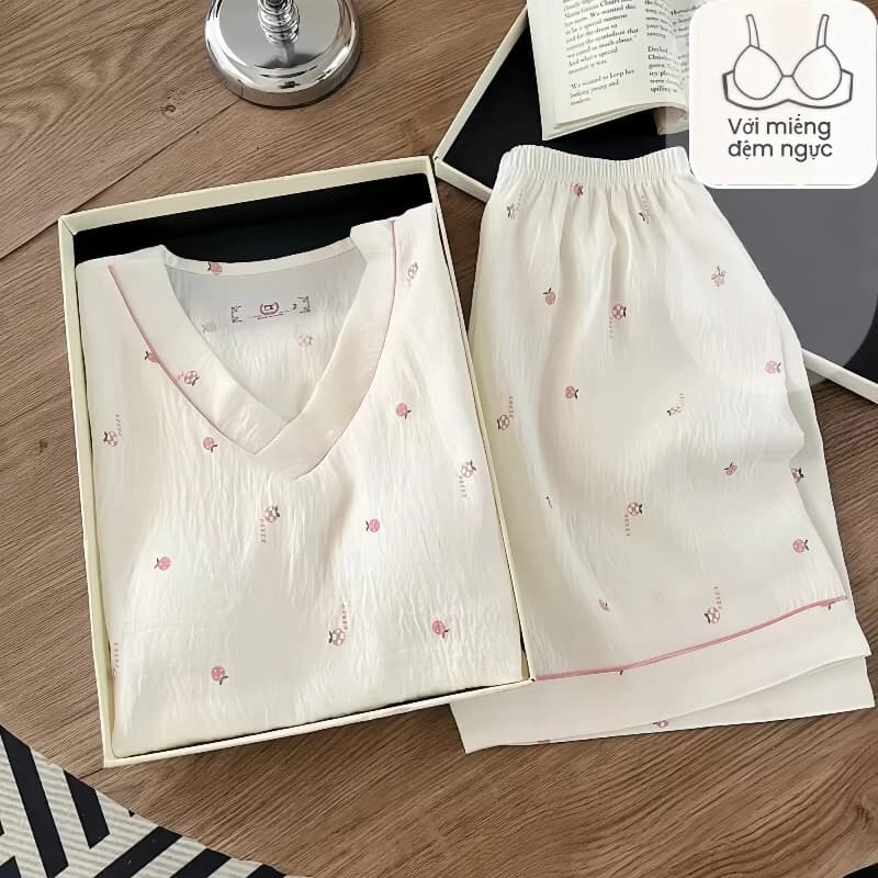 Mùa Hè Ngắn Tay Quần Short Bộ Đồ Ngủ Dễ Thương Mây Cotton Bộ Đồ Ngủ Nữ Hoạt Hình Mùa Hè Loungewear Hàn Quốc