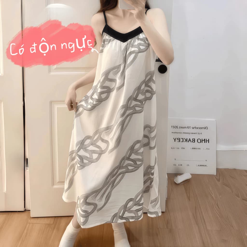 【Có độn ngực】Đầm ngủ nữ phong cách thanh lịch mới xuân hè 2026: Áo dây quai cotton mát màu trơn【mặc nhà hay dạo phố đều sang trọng】