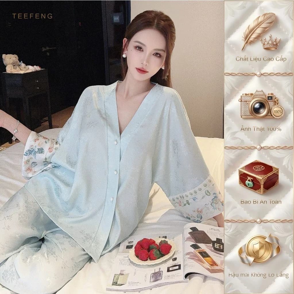 TEEFENG Bộ Đồ Ngủ Nữ Lụa Dệt Hoa Cao Cấp Phong Cách Trung Hoa Tay Ba Phần Tư Mùa Hè Loungewear