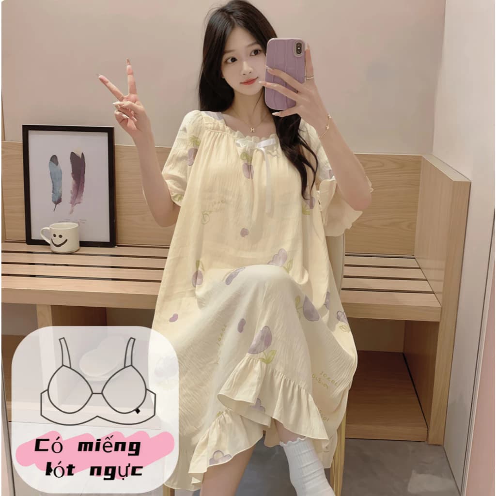 【Có độn ngực】Đầm ngủ nữ mới xuân hè 2026: Phong cách công chúa dễ thương, chất cotton mềm mại, in họa tiết xinh xắn kèm nơ ngọt ngào【mặc nhà hay đi chơi đều xinh】