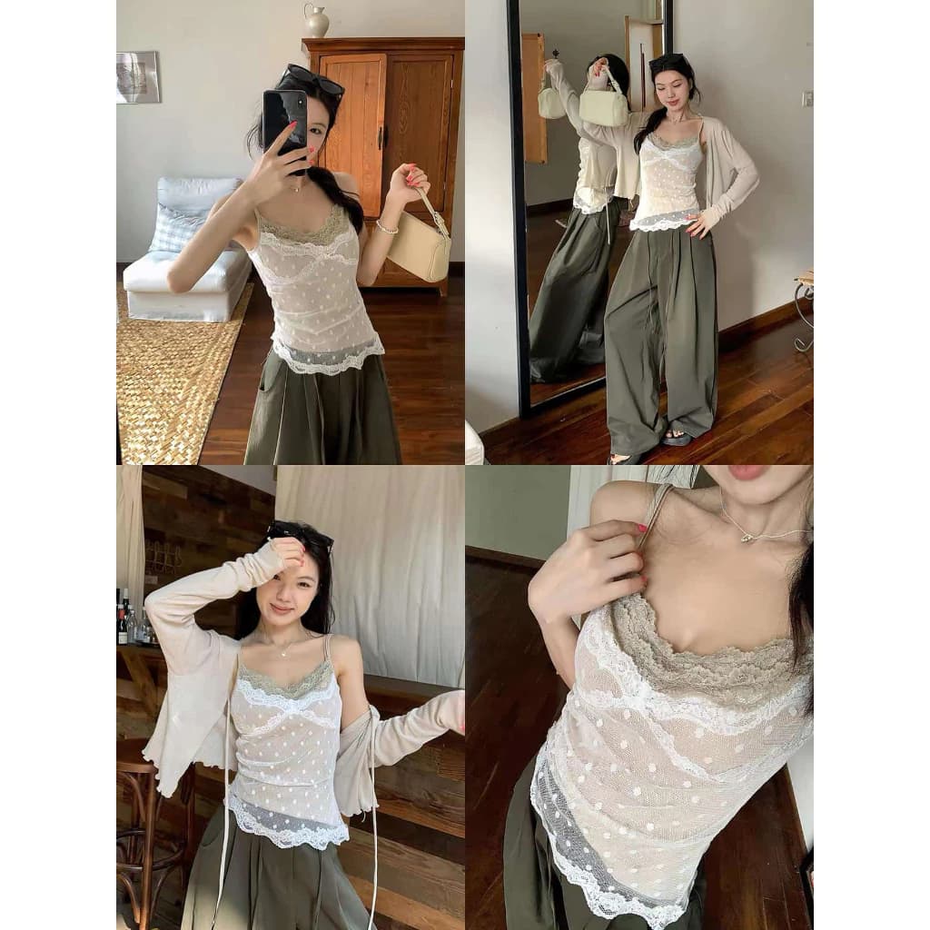 [Seeyou studio] Bộ áo len hai mảnh thanh lịch Hàn Quốc cho mùa hè, áo len Cami ren mềm mại và chống nắng đa năng dành cho nữ6458 + 6459