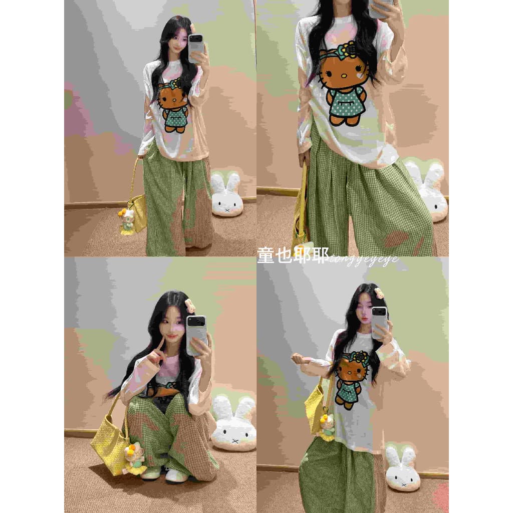 [Seeyou studio] Áo thun dài tay in hình hoạt hình Hello Kitty màu đen sành điệu mùa hè & Quần dài kẻ sọc lười Bộ trang phục hai mảnh 6439 + 6440