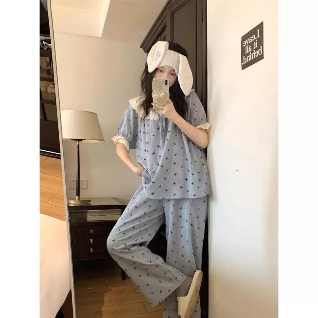 【Lanh Pha Bông - Cổ Bèo Nhí】Bộ Đồ Ngủ Mùa Hè Bán Chạy - Cổ Tròn Viền Ren Tay Ngắn Quần Sooc | Chất Liệu Bông Cao Cấp