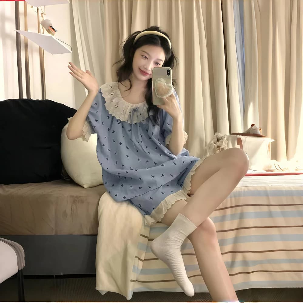 Quần Ngắn Tay Bộ Đồ Ngủ Nữ Mùa Hè Mây Cotton Ren Nơ Ngọt Ngào Hai Mảnh Loungewear Set