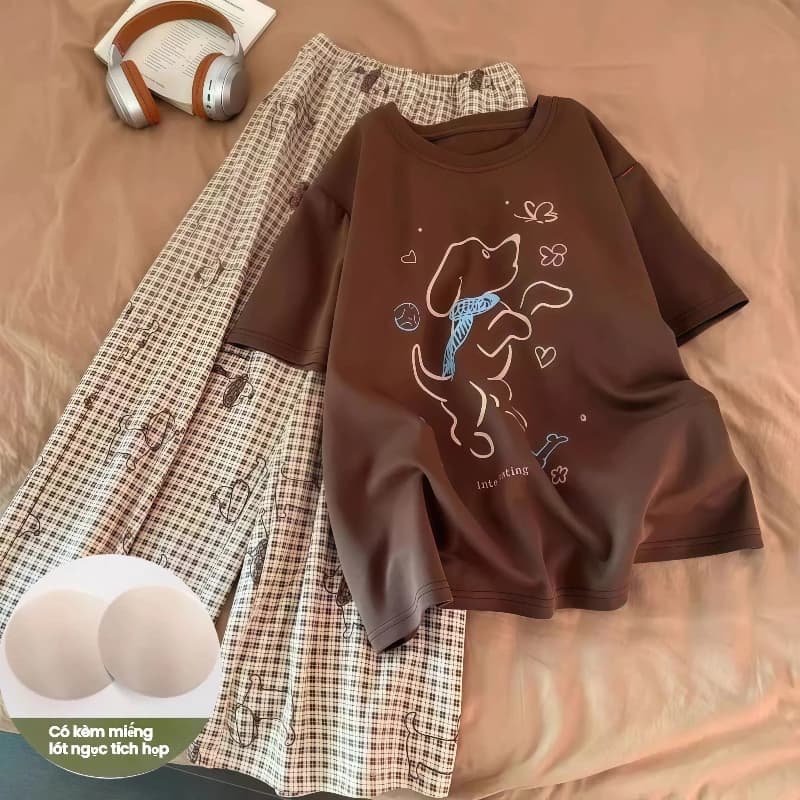 Bộ đồ ngủ nữ tay ngắn quần dài có đệm ngực – chất liệu cotton nguyên chất cao cấp, vải mát cảm giác lạnh thoáng khí thoải mái, họa tiết dễ thương, đồ mặc nhà/đồ ngủ, có thể mặc ra ngoài, tiện lợi và thiết thực