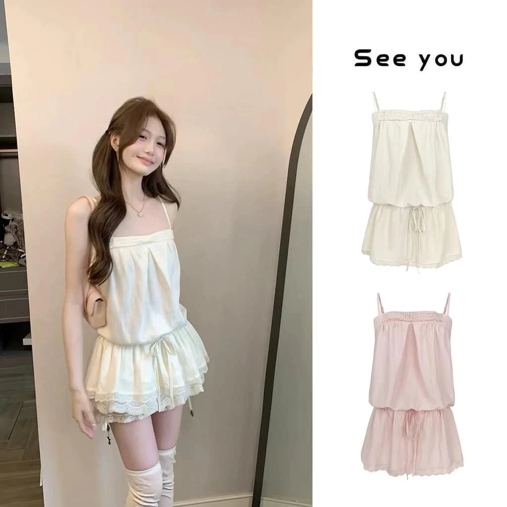 [Seeyou studio] Đầm dây rút nơ phong cách Hàn Quốc, Váy ngọt ngào nối ren thanh lịch mùa hè6517