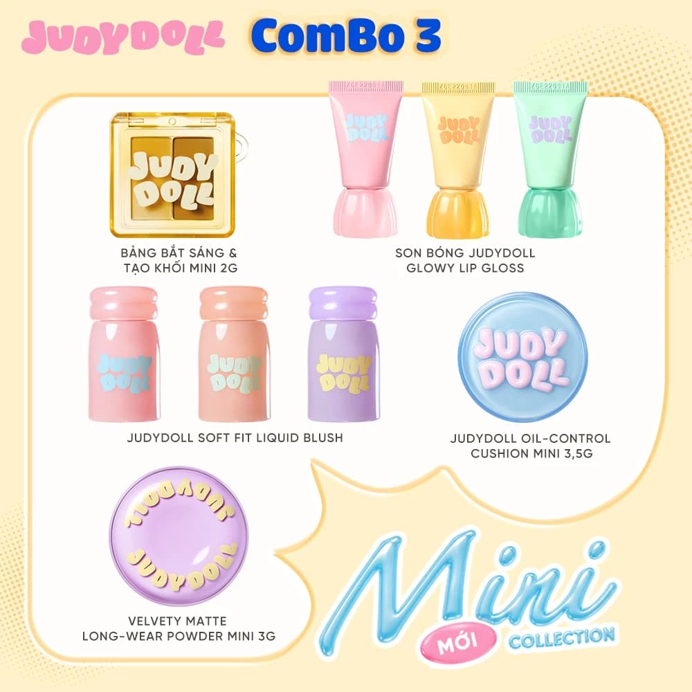[Combo 3] JUDYDOLL Mini Collection: Tạo Khối Mini & Cushion Kiềm Dầu & Phấn Phủ & Son Lip Gloss & Má Hồng