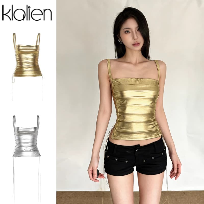 Klalien Crop Top Edgy Tính năng sành điệu Dây đeo Cutout Thiết kế không tay Flattering Fit Xếp ly Chi tiết cho hiệu ứng giảm béo