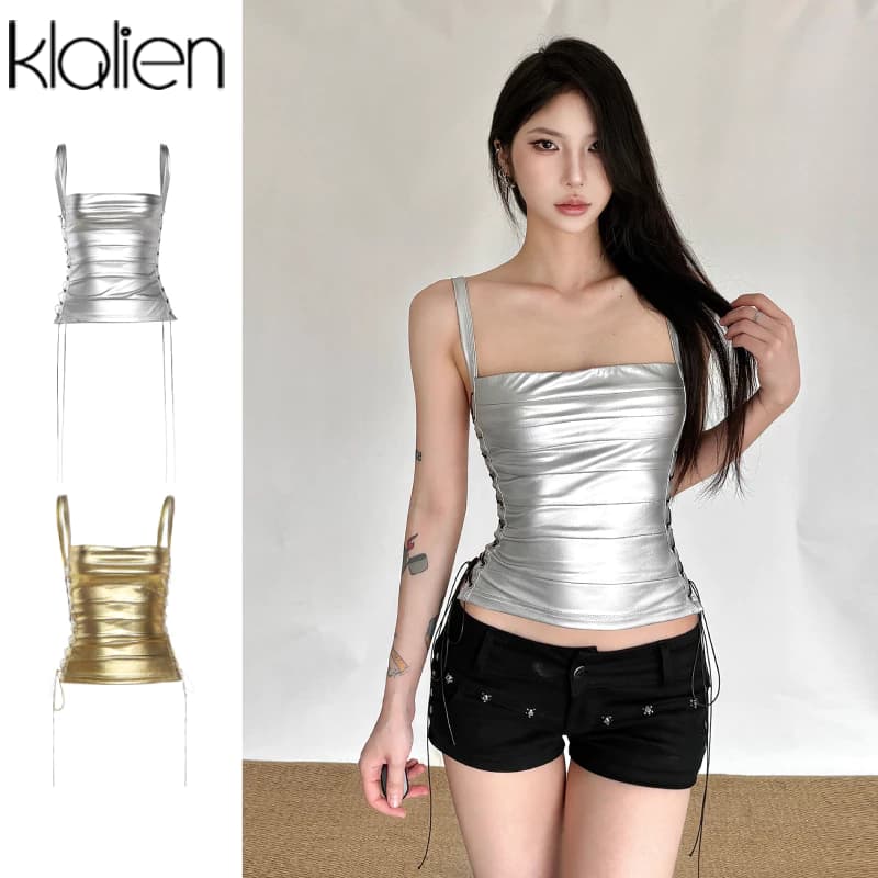 Klalien Crop Top Edgy Tính năng sành điệu Dây đeo Cutout Thiết kế không tay Flattering Fit Xếp ly Chi tiết cho hiệu ứng giảm béo