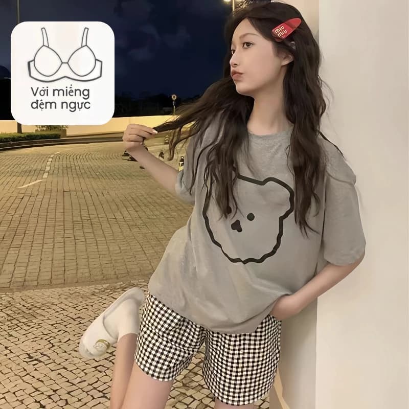 Bộ Đồ Ngủ Nữ Mùa Hè Phong Cách Mới Tay Ngắn Có Miếng Lót Ngực Thường Ngày Có Thể Mặc Bên Ngoài Sinh Viên Kích Thước Lớn Mỏng Hoạt Hình Homewear Phù Hợp Với