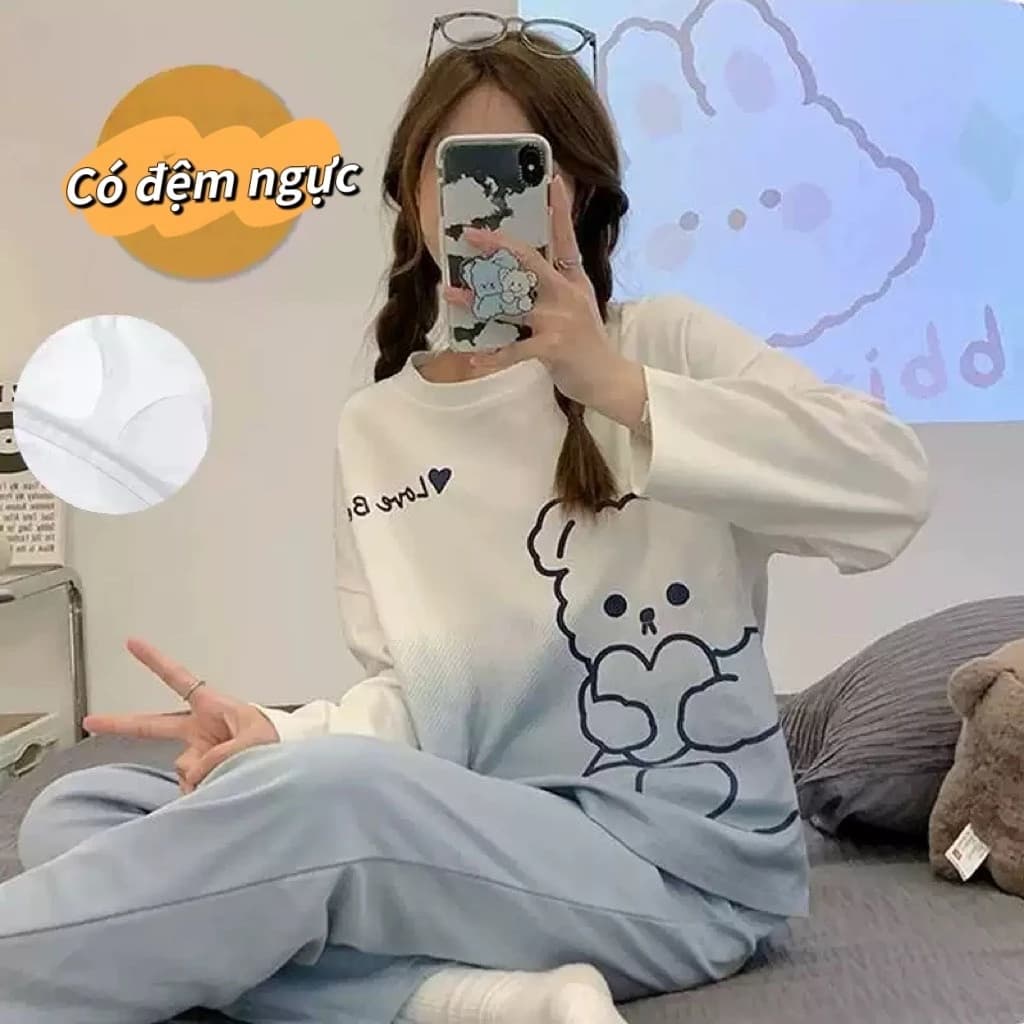 【Có độn ngực】Bộ đồ ngủ mùa thu mỏng nhẹ - Áo tay dài + quần dài - Phong cách dễ thương - Mẫu hot bán chạy - Đồ ngủ tại nhà thoải mái - Free ship ✅ Giao hàng trong ngày